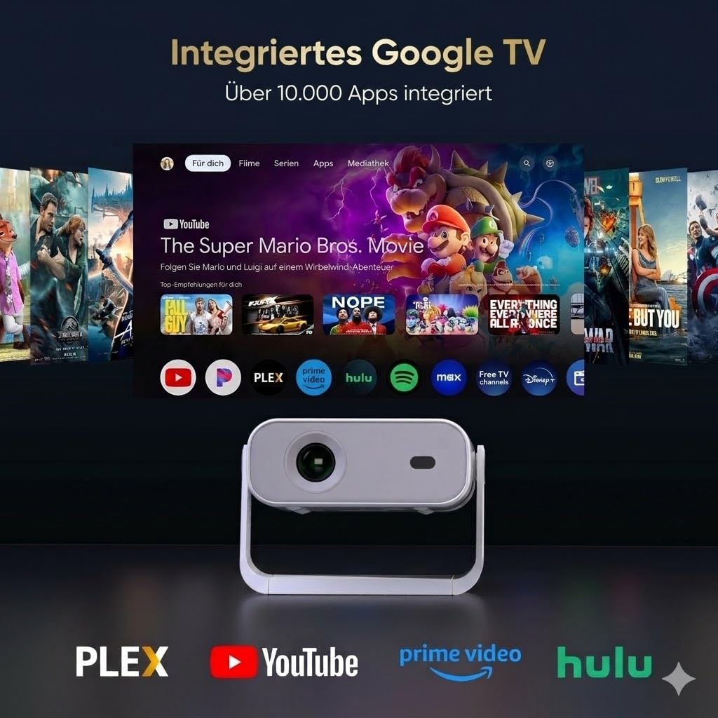 [Wielio 2026 Upgrade Google TV Beamer] Natives 1080P, 4K-Unterstützung, 25000 Lumens,elektrischer Fokus & Trapezkorrektur, WiFi & BT Heimkino Beamer, Mini Projektor mit 360° drehbarem Ständer