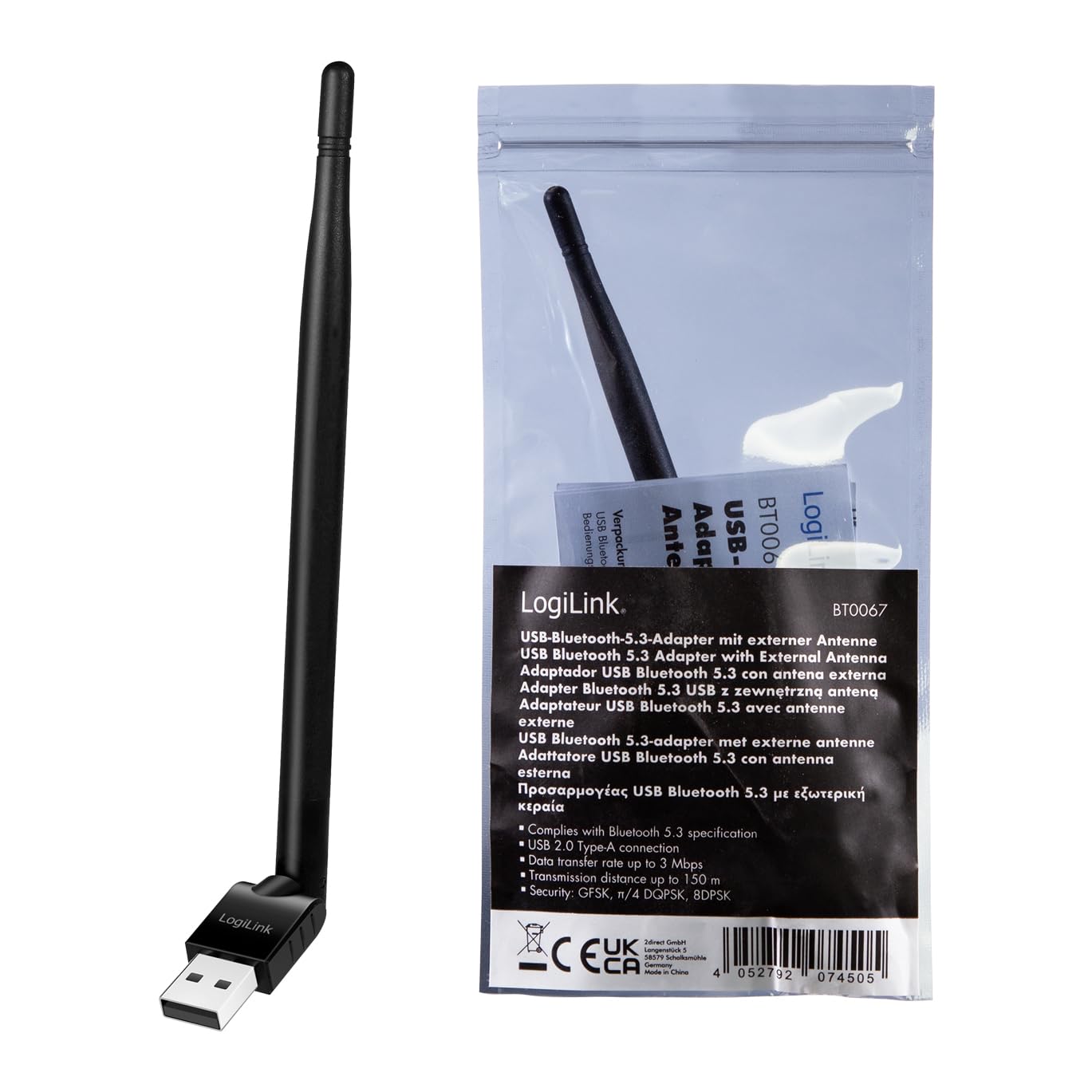 LogiLink BT0067 - Adattatore BT 5.3 (USB 2.0) con antenna esterna e portata fino a 150 m