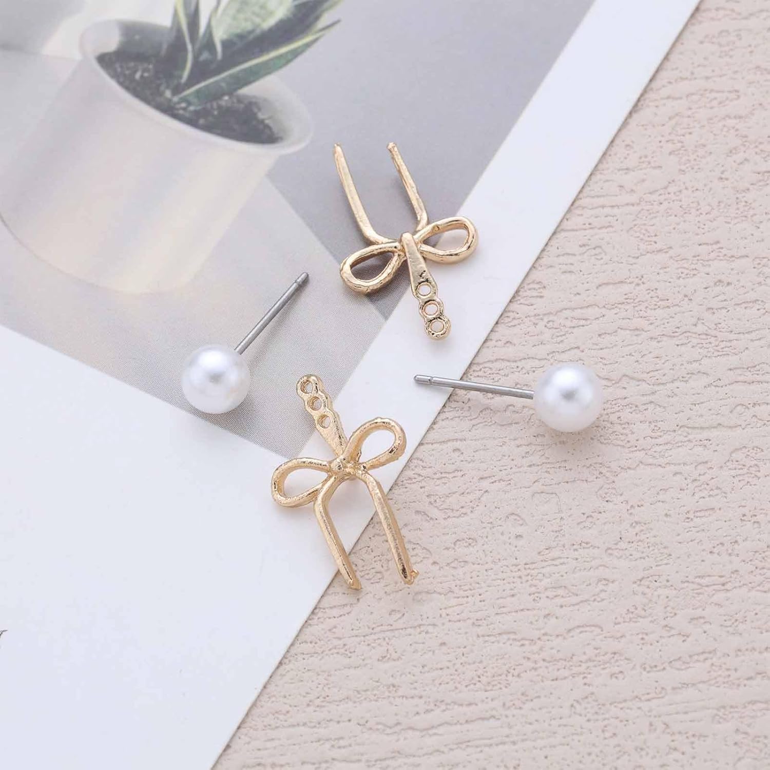 Boho Pearl Ear Jacket Earrings Ribbon Pearl Earrings Gold Stud Bow Earring Hollow Bowknot Stud Front Back Bow Earring Bridal Wedding Jewelry for Women - Image 4