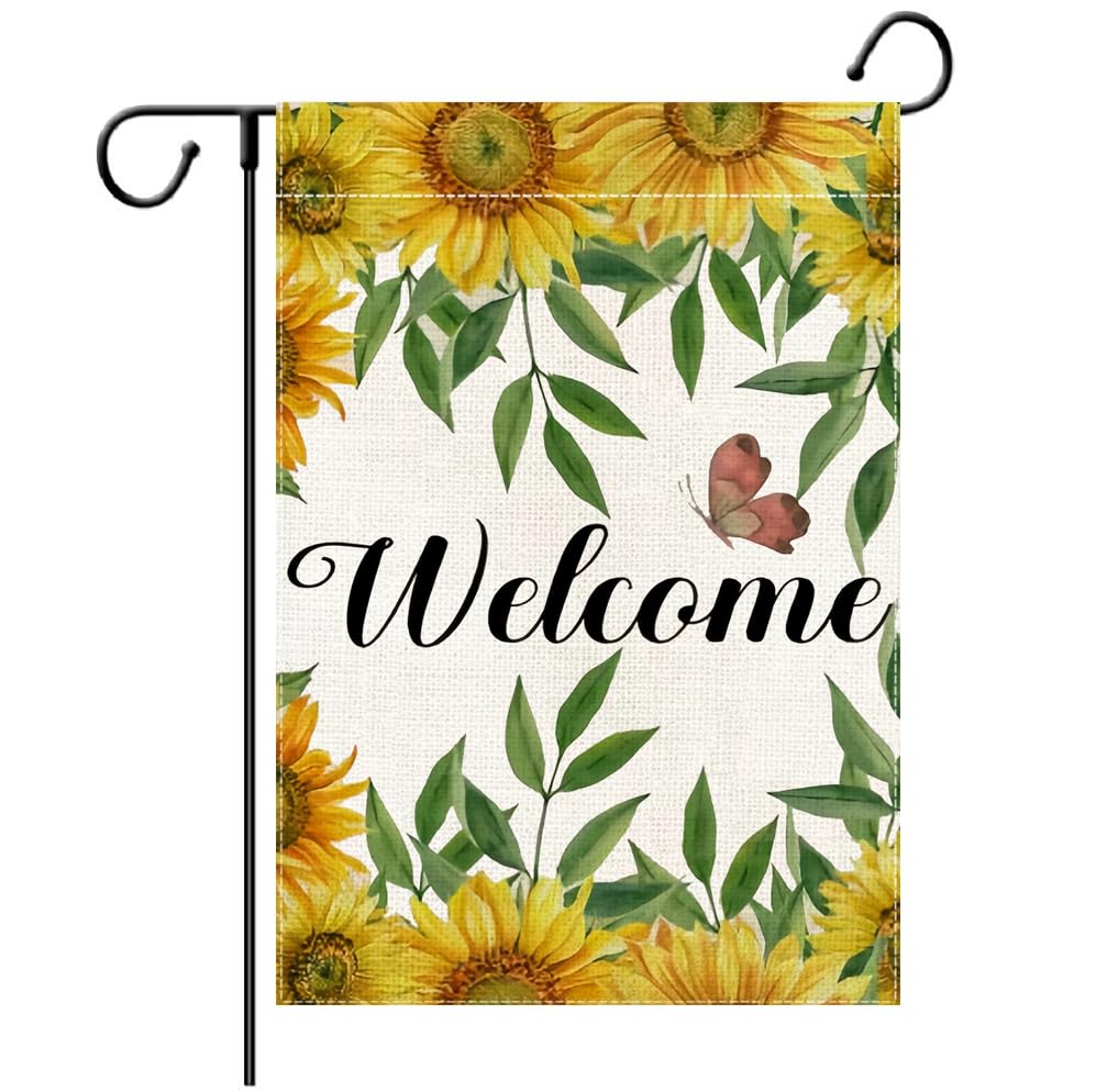 LHSION Welcome Sunflowers Garden Flag 12.5 x 18 Inch Summer Floral Vertical Double Sided Burlap Flag for Seasonal Holiday Yard Outdoor Decoration