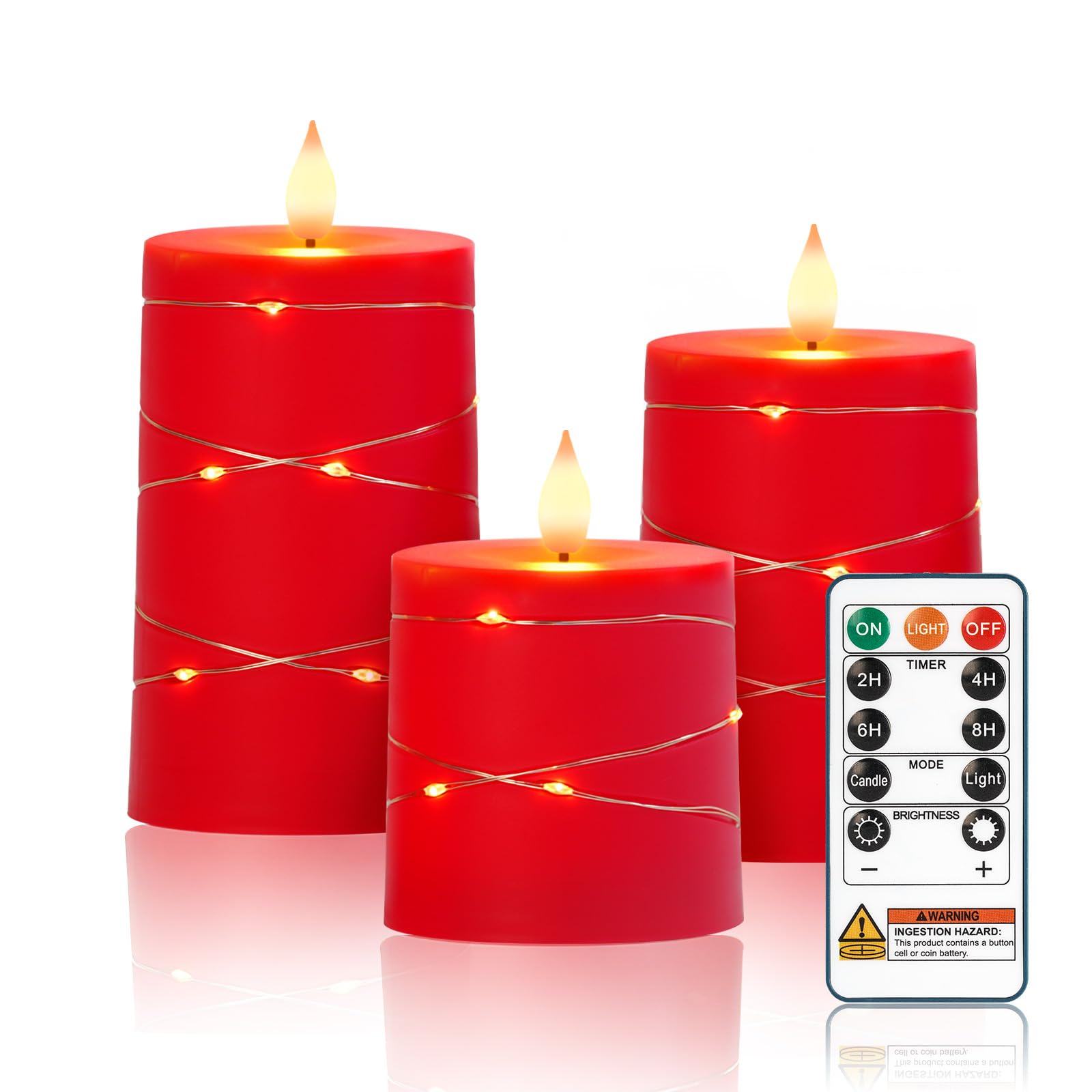 Homemory Flameless Candles with String Lights Remote Control Red Set of 3