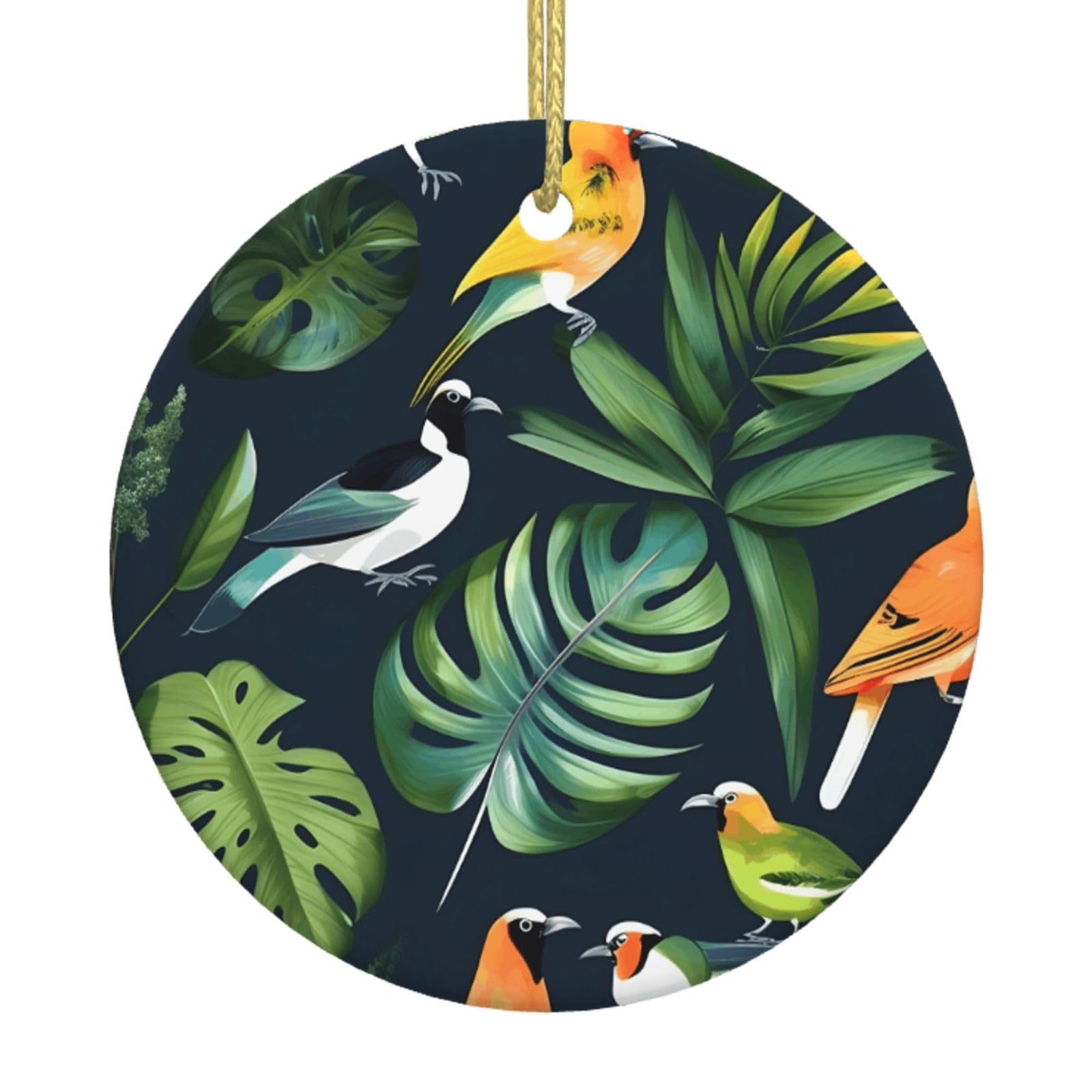 Tropical Birds Plant Leaf Print Christmas Ornaments, Ceramic Hanging Ornament, Round Shape Decorations