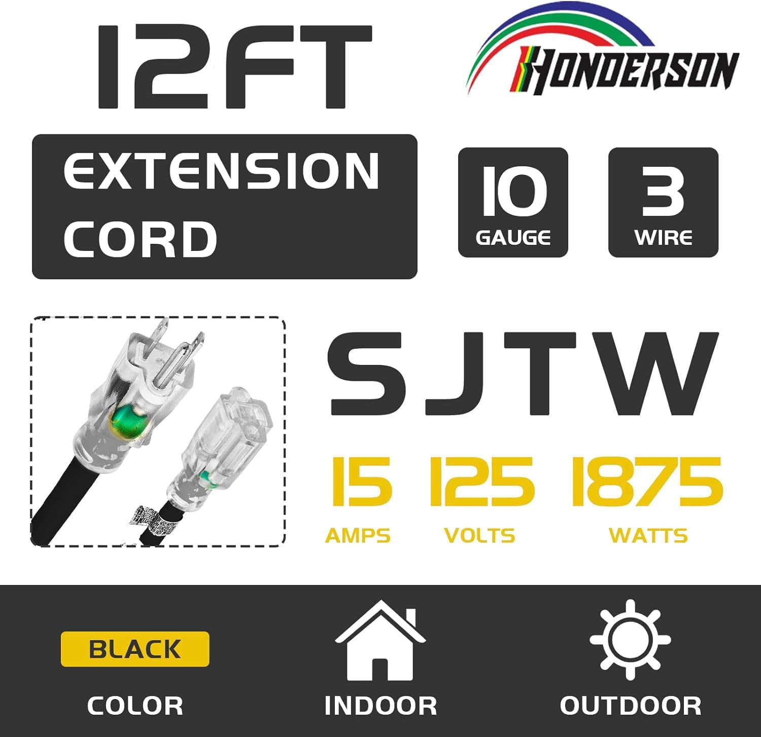 Indoor Outdoor Extension Cord Weatherproof with Lighted End, UL Certified, 10 Gauge 12FT Black 3 Prong Heavy Duty, 10/3 SJTW 15A Power Cord for Outdoor Lights, Lawn 12FT 10/3 Black