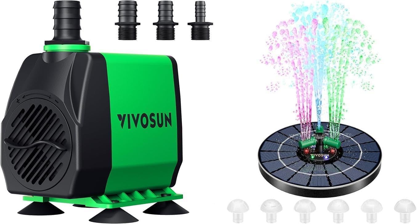 VIVOSUN 800GPH Submersible Pump(3000L/H, 24W) and Solar Fountain, 4W Solar Water Fountain with Upgraded Glass Panel, Built-in Battery, 7 Nozzles, Colored LED Lights