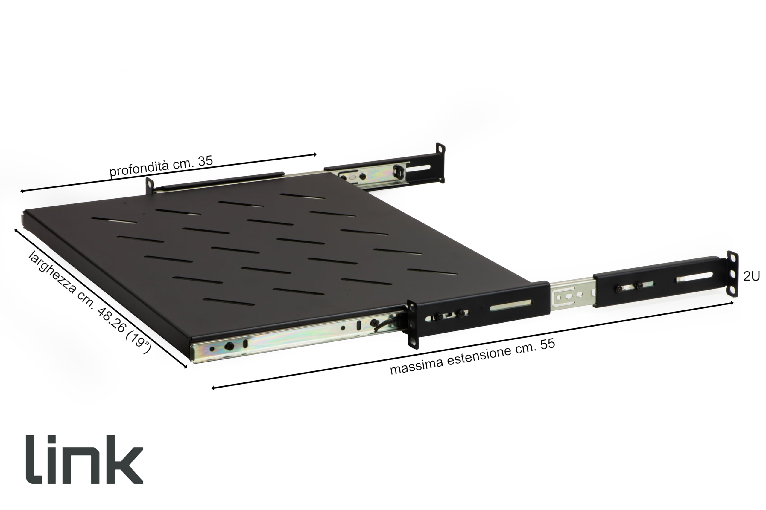 Link LKRIP350EN - Mensola Estraibile per Armadio Rack 19 Pollici Universale (48x35x4,5 cm, Nero RAL9005) – Acciaio Traforato per Ventilazione – Portata 40 kg e Kit Montaggio Incluso