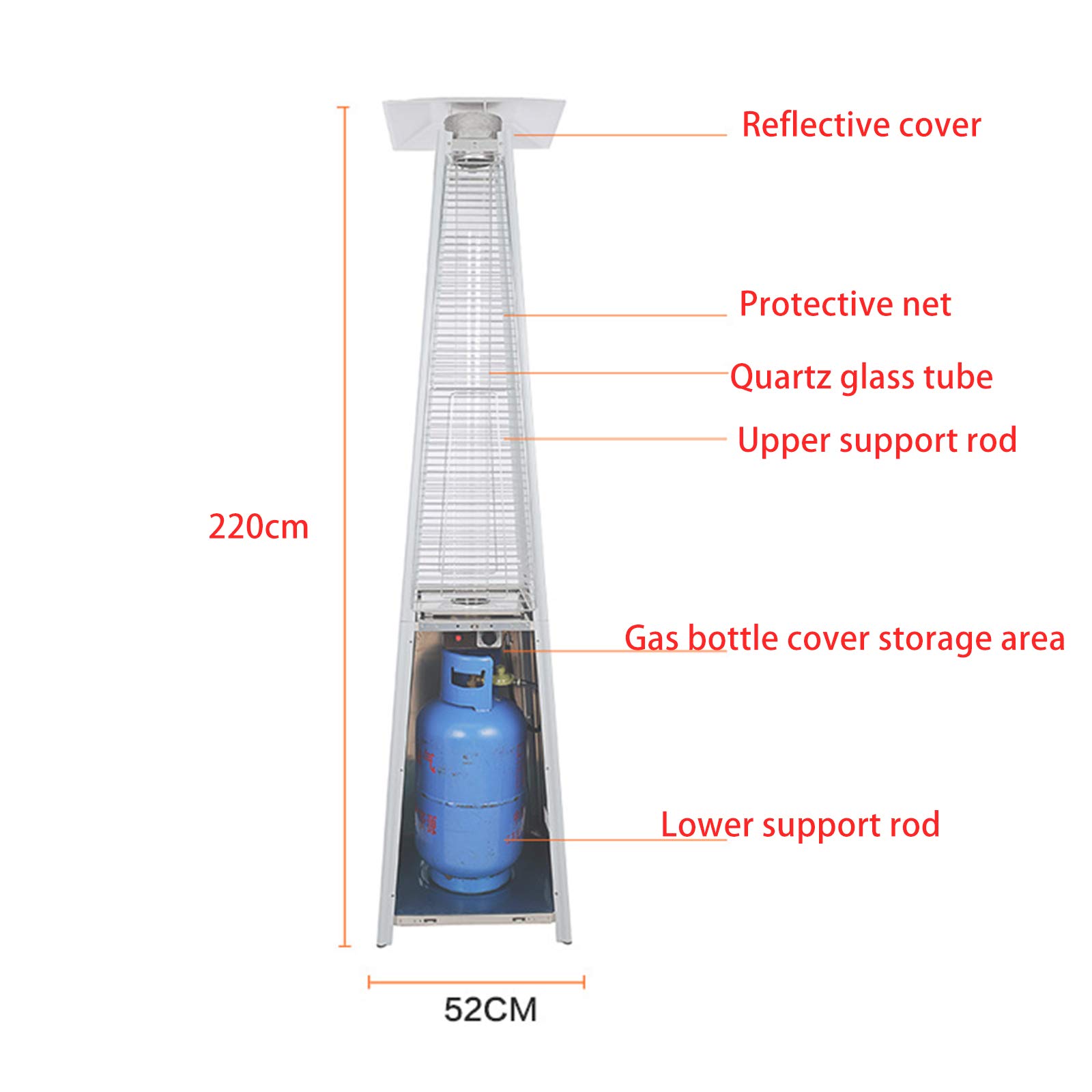 Stufa a piramide per patio, 42000 BTU, riscaldatore a propano per esterni, con ruote e tubo in vetro al quarzo, per interni ed esterni