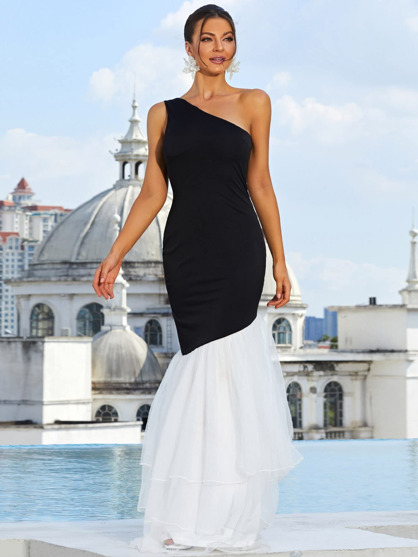 a line pleated dress Pleated A Line Long Formal High Neck Cape Sleeve Dress