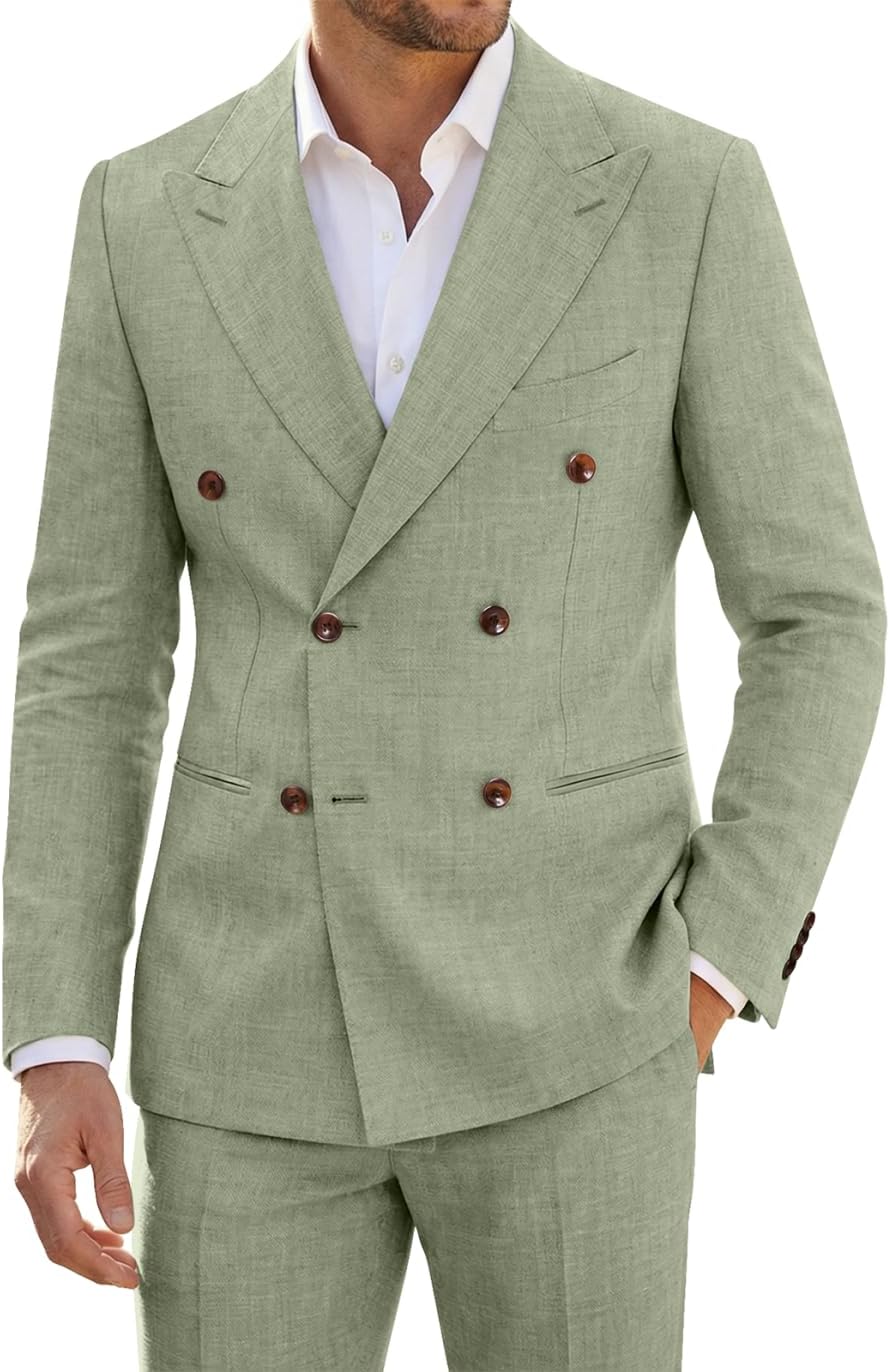 Men's Linen Slim Fit 2 Piece Suit Set Casual Business Blazer & Flat Front Pants for Wedding Summer Beach Party