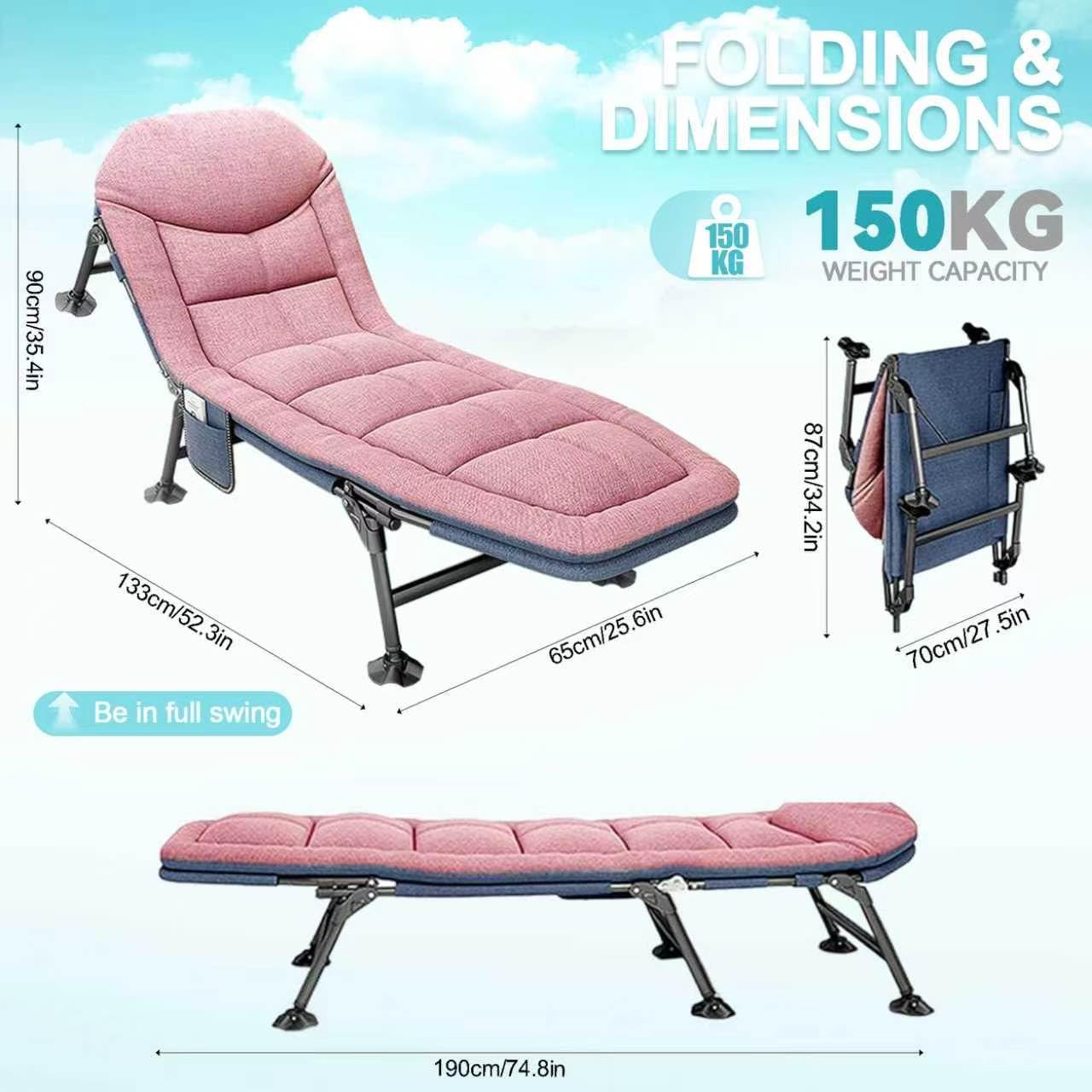 Lit de camp pliable avec coussin de nuque et poche latérale - 190 x 65 x 30 cm - Charge maximale : 150 kg - Pliable - Léger - Compartiment réglable - Lit d'invité pliable pour jardin, voyage