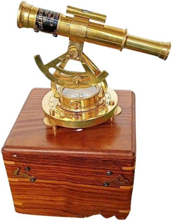Nautical Alidade Compass Base Telescope with Wooden Box Shiny Brass Marine Décor Compass – Unique Gift for Men - Beautiful Handmade Gift