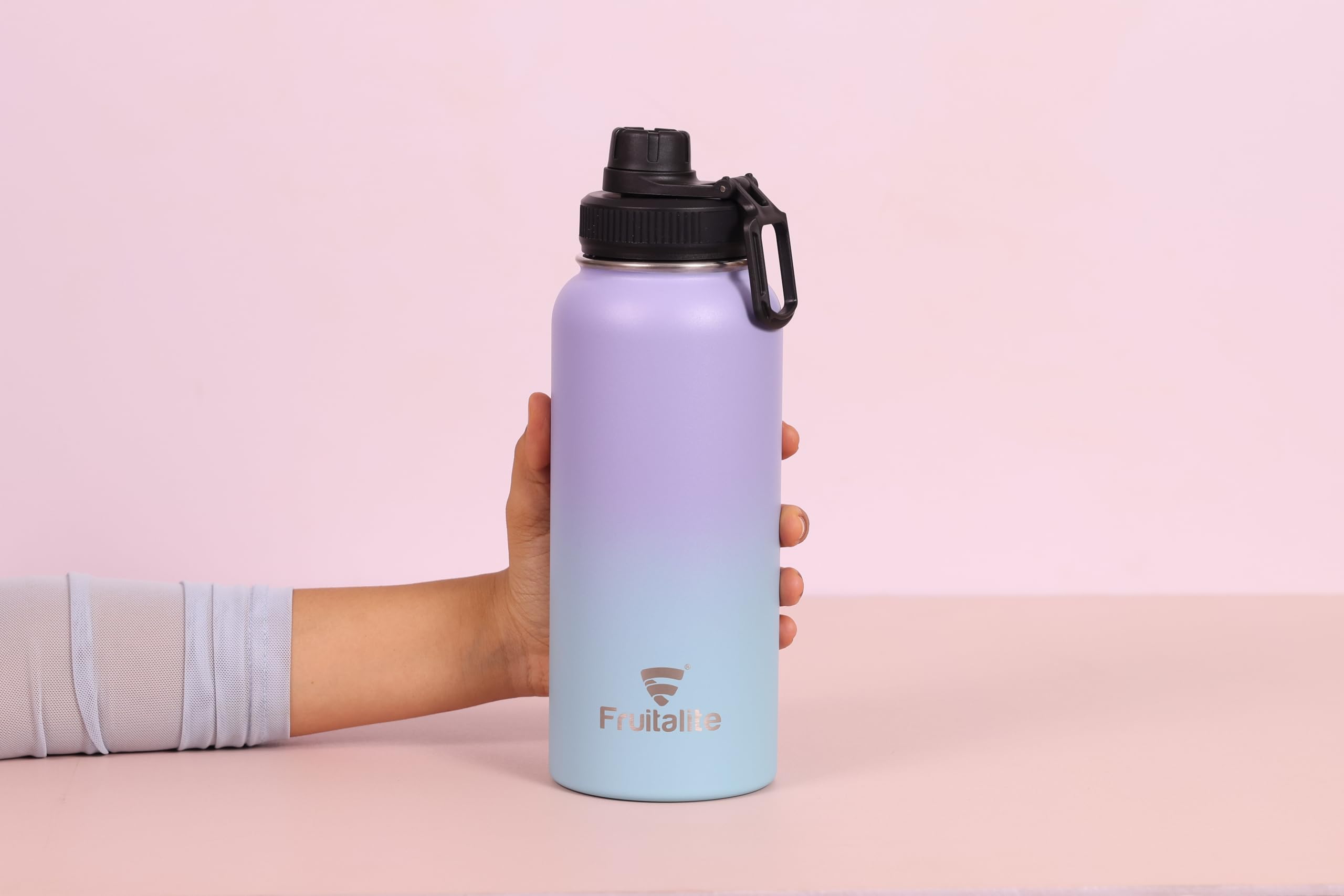 Fruitalite Thermos Water Bottle- 1000ml with Screw/Spout Lid, Stainless Steel Double-Wall Vacuum Insulated Thermo Flask 1 Litre+ | Retains Hot 12 Hours or Cold 24 Hours Temperatures- Cotton Candy