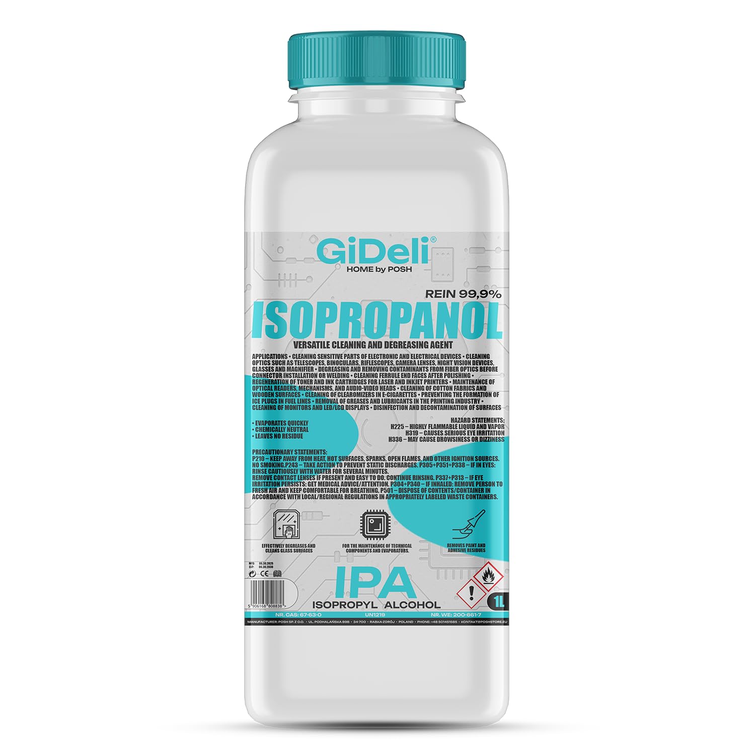 GiDeli Isopropanolo 99,9% 1l - Isopropilalcol Detergente ad Alta Concentrazione - Detergente per Elettronica, Accessori per Stampanti 3D, Vetro, Schermi e Lenti