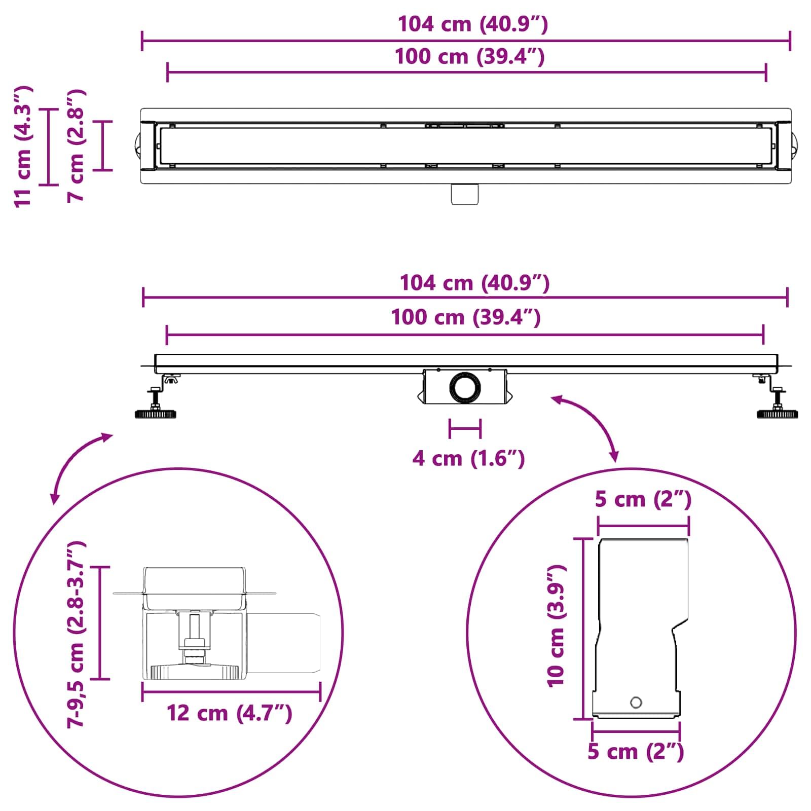 vidaXL Drenaggio Doccia 2 in 1 Nero 100 cm Acciaio Inox 304, Stile per Il Bagno, Scarico Doccia Moderno, Soluzione idraulica, Accessori per Il Controllo dell'Acqua