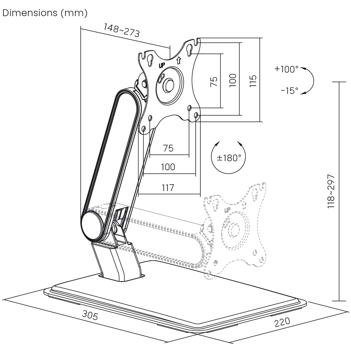 my wall Supporto per monitor regolabile in altezza – HL58L, meccanismo a molla, supporto per monitor, regolabile in altezza, inclinabile, regolabile orizzontalmente, monitor touchscreen
