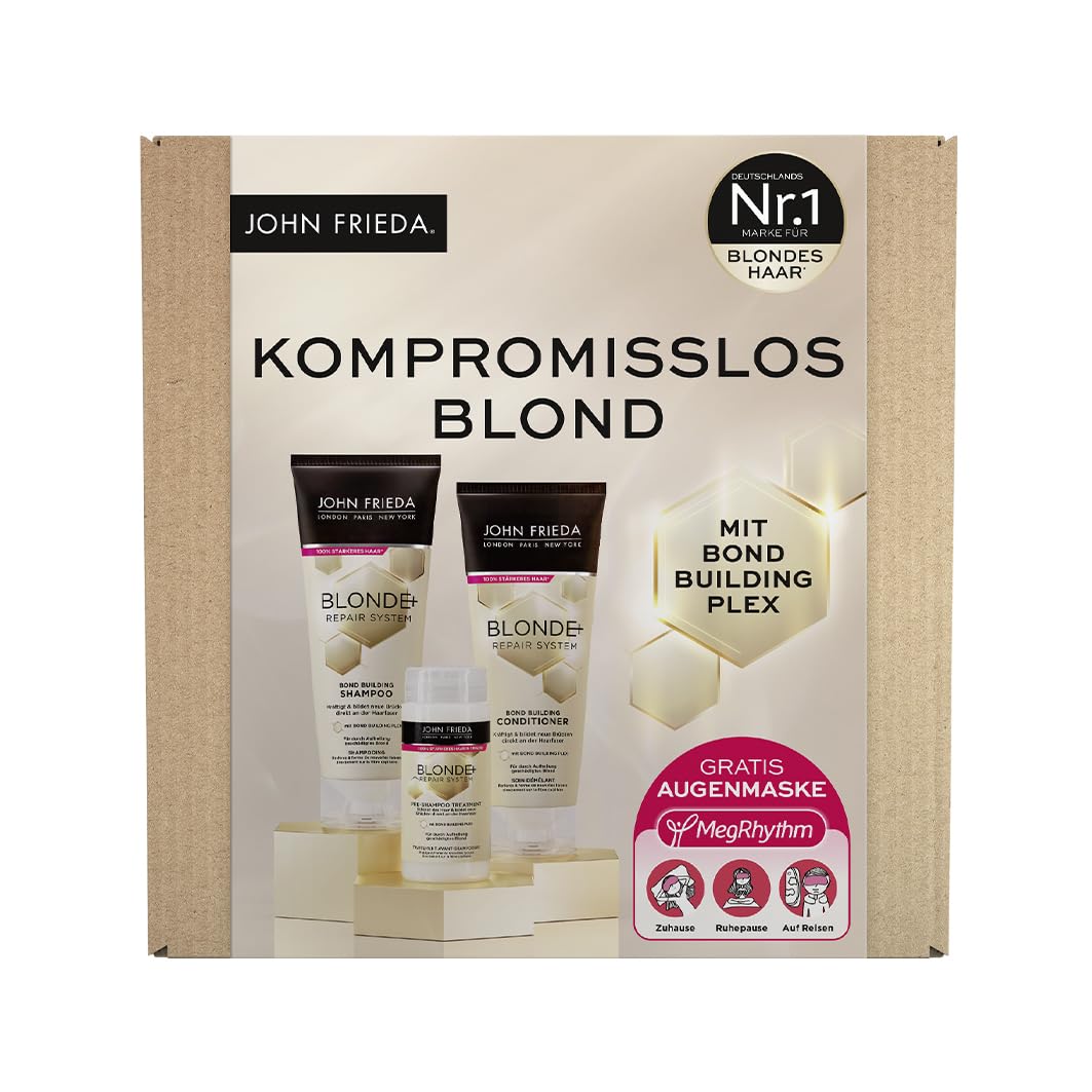 John Frieda Blonde+ Repair System Profits zestaw – zawartość: pre-shampoo Treatment, 100 ml, szampon, 250 ml, odżywka, 250 ml – łącznie z maską na oczy MegRhythm – z Bond Building Plex