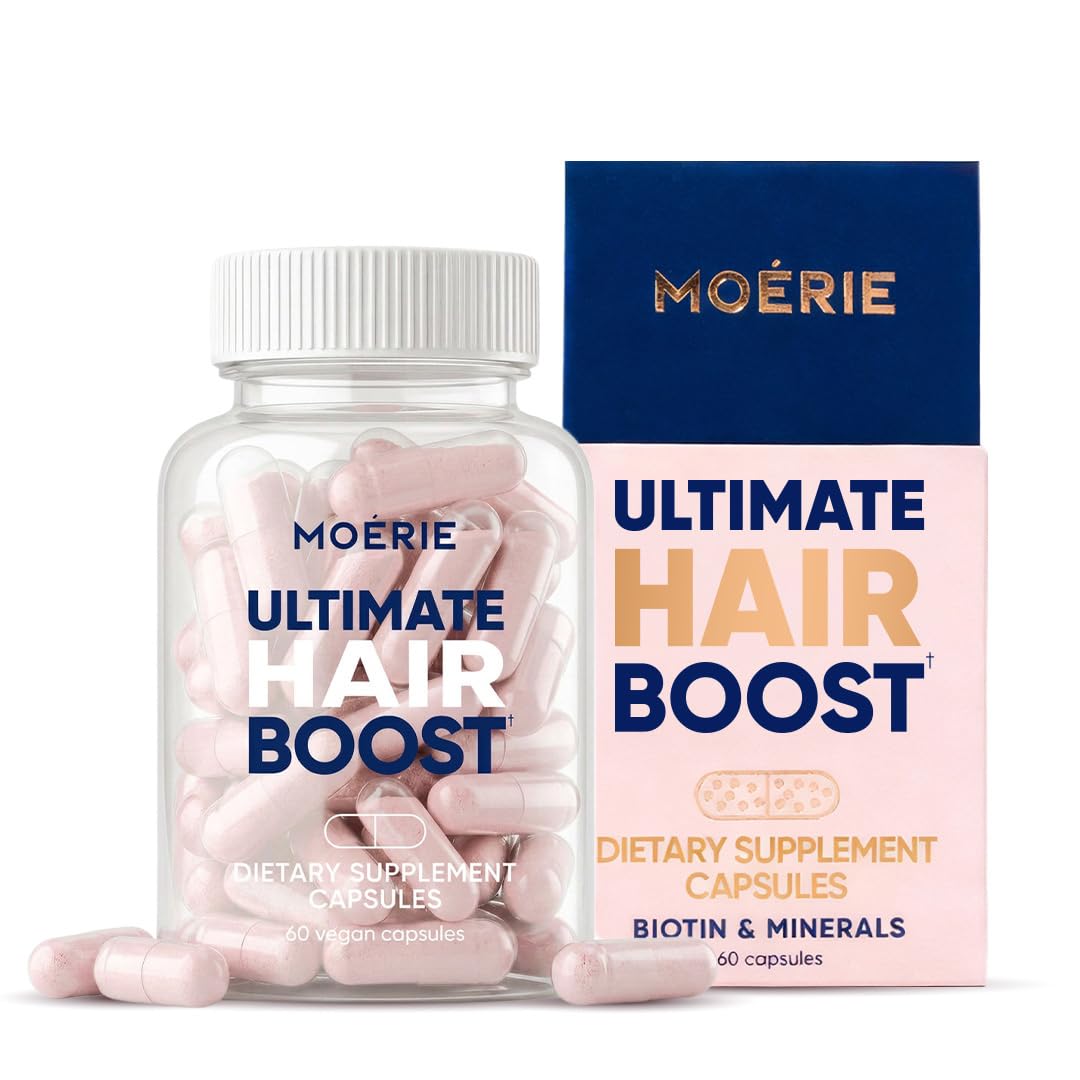 Moerie 얼티밋 헤어 부스트 보충제 여성 및 남성용 - 머리카락, 피부, 모발 건강을 위한 비오틴 및 미네랄 함유 손톱 비타민 - 두꺼운 모발 - 60캡슐