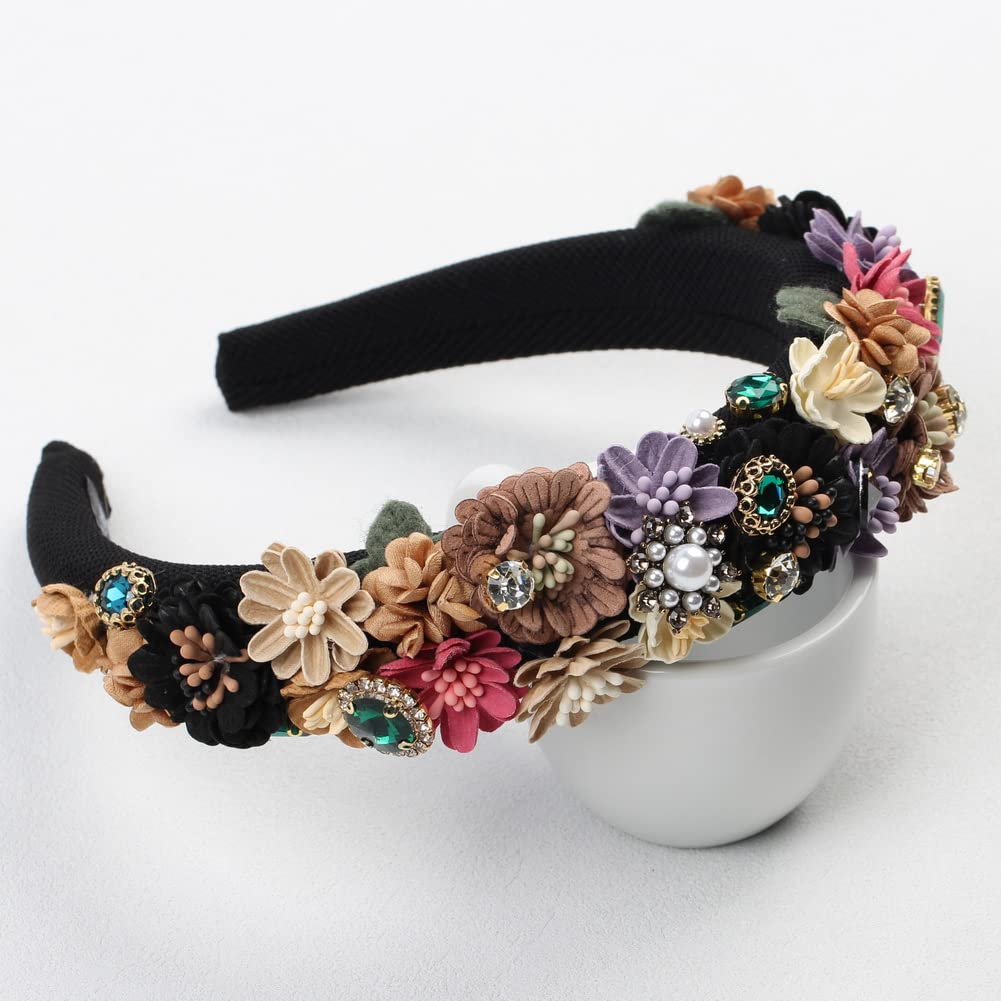 Diademas de esponja de flores de perlas de cobertura completa, cuentas gruesas de piedra de cristal, accesorios para el cabello para mujer, diadema con diamantes de imitación (color negro)