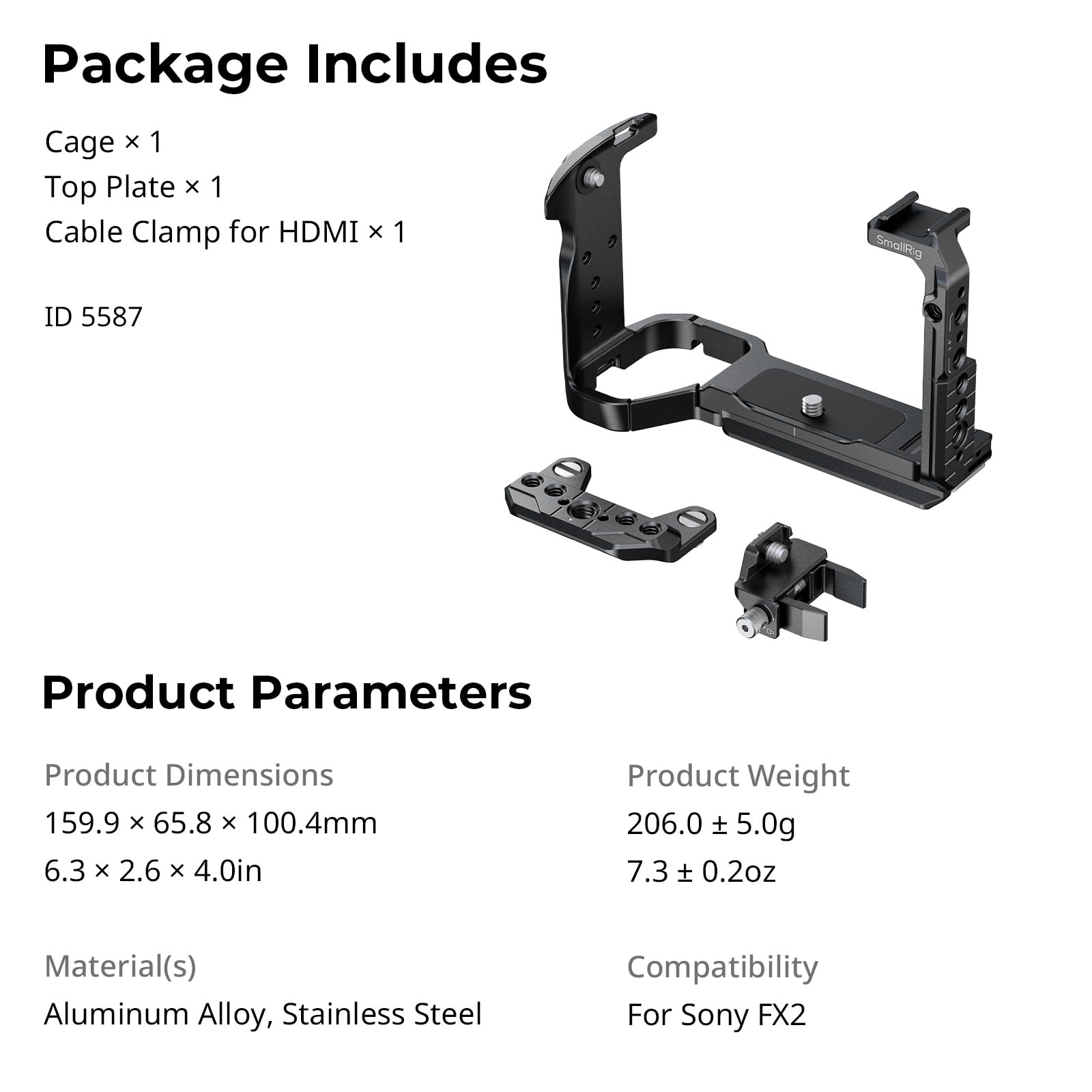 SMALLRIG Cage pour Appareil Photo pour Sony FX2, HawkLock à Fixation Rapide FX2 avec Plaque Supérieure, Serre-Câble HDMI, Compatible avec Poignées Supérieures XLR d'origine - 5587