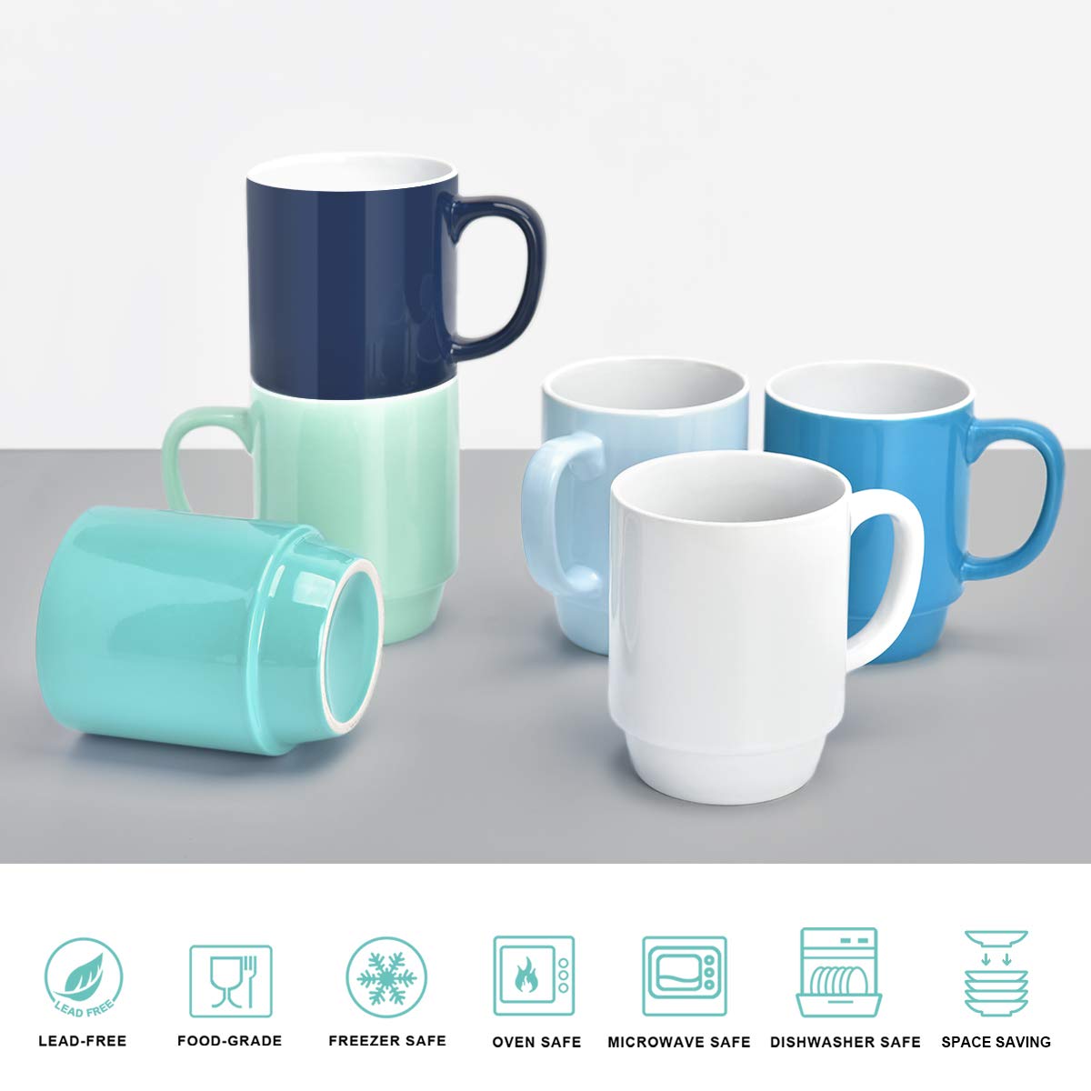 Kubki do kawy zestaw 6 sztuk, możliwość układania w stos, 470 ml, duże kubki do kawy z uchwytem, ceramiczne kubki do restauracji, zestaw 6 kubków do kawy, herbaty i kakao, zimne różne kolory