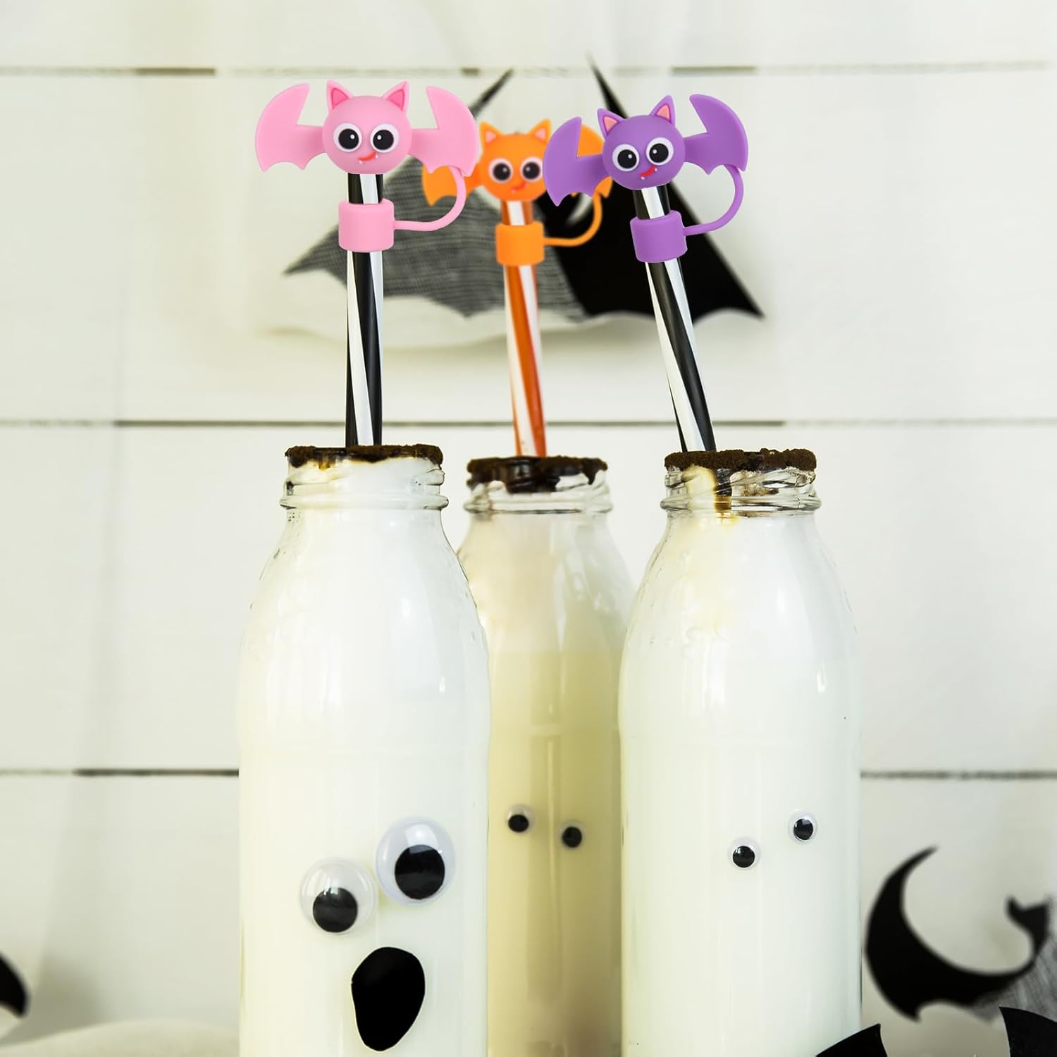 Whaline 4 Pcs Halloween Bat Straw Cover Cap Cute Pink Purple Orange Black Bat Silicone Straws Topper Reusable 10 Mm 0.4 In Straw Lid Protector for 30/40 Oz Tumbler Cup Accessories - Image 6