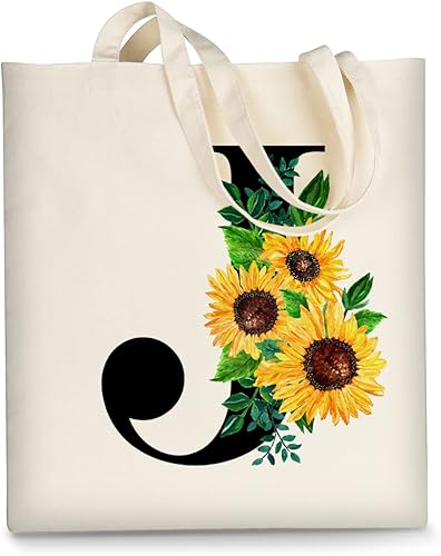 AUSVKAI Bonita bolsa de lona con inicial de girasol para mujer, Initial J