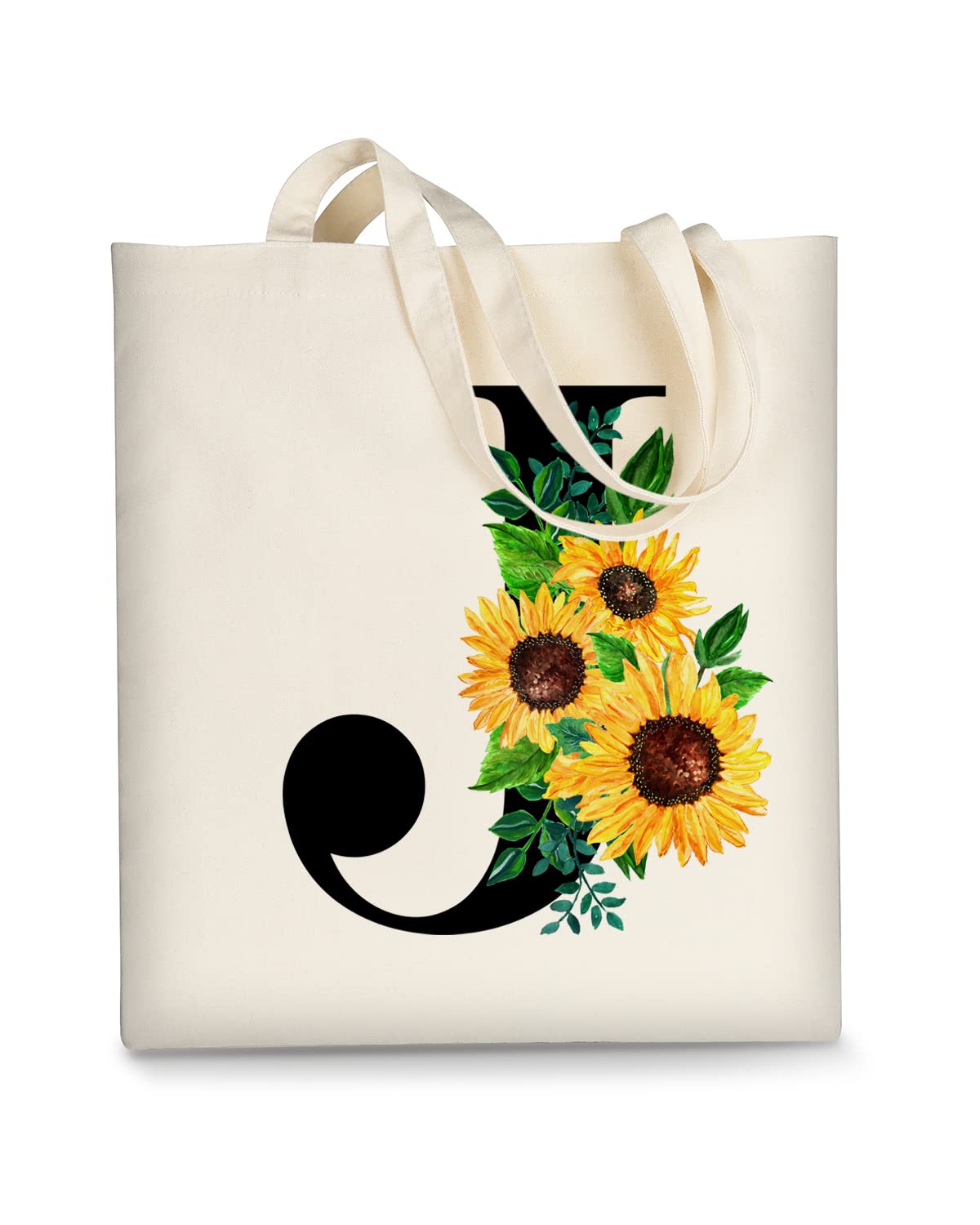 AUSVKAI Canvas Tote Bag Aesthetic for Women, Cute Sunflower Initial Personalized Initial Birthday Reusable Bags for Grocery Shopping Beach