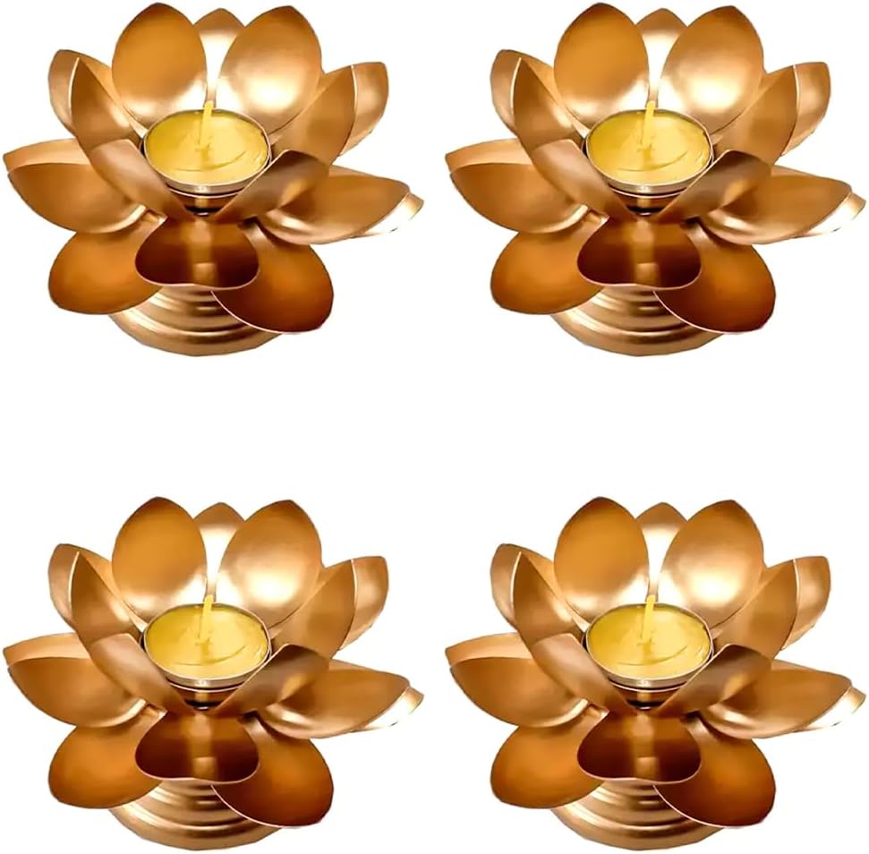 Beautiful Lotus Tealight Holder Candle Stand Metal Home Decoration Festival Occasions Diwali (Not Include Glass Candle) Golden Pack