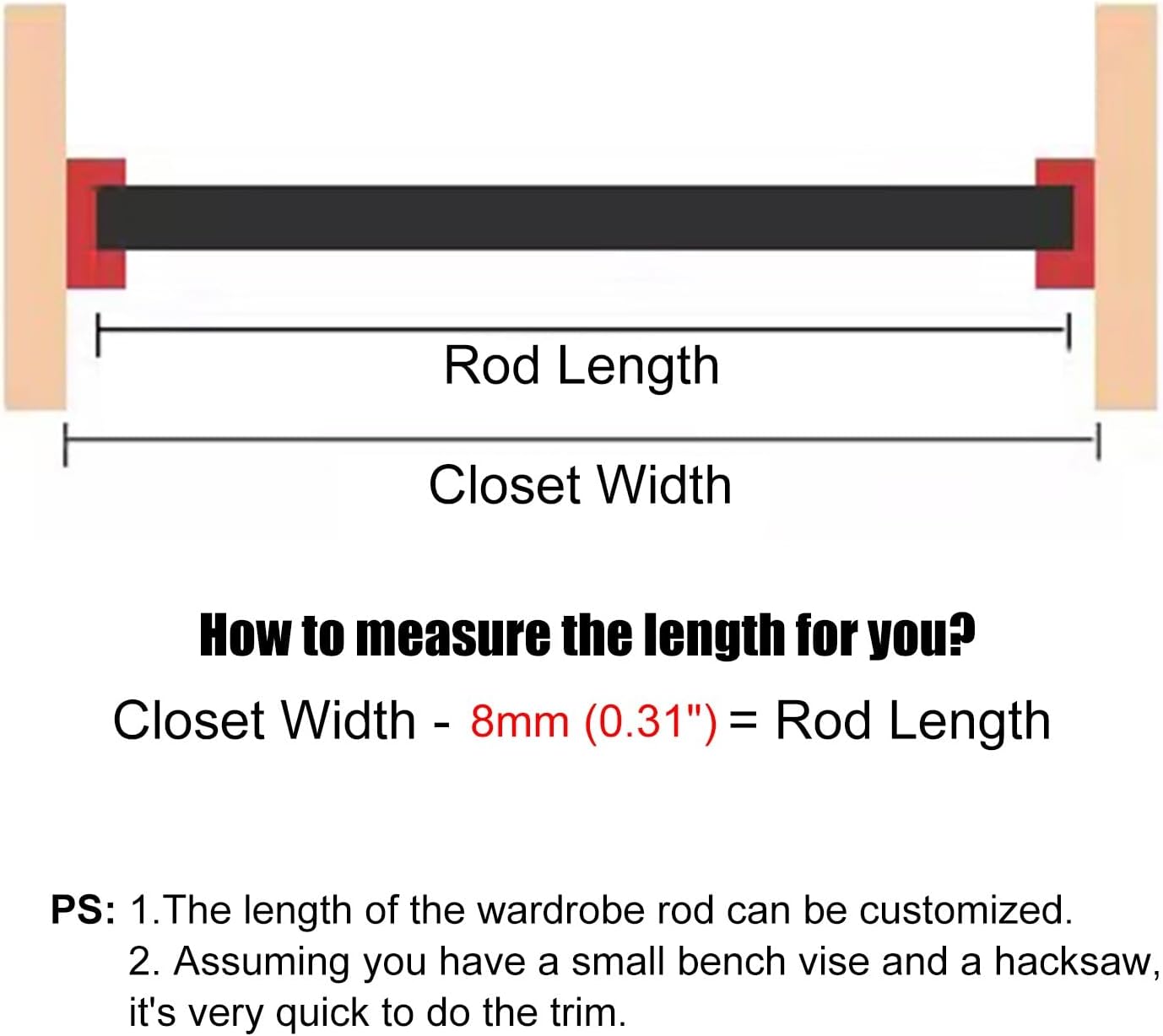 Closet Rod 3mm Extra Thick Clothes Bar, 90 100 110 120 130 140 150cm Square Closet Rack, Removable Clothing Storage Hanger, Wardrobes Pole with Brackets ( Color : Dark Gray , Size : 80cm(31 1/2") Leng