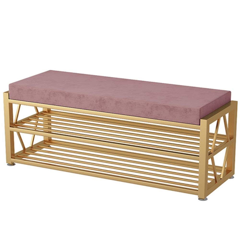 Étagère à chaussures avec coussin velours rose pour éviter de se chausser debout