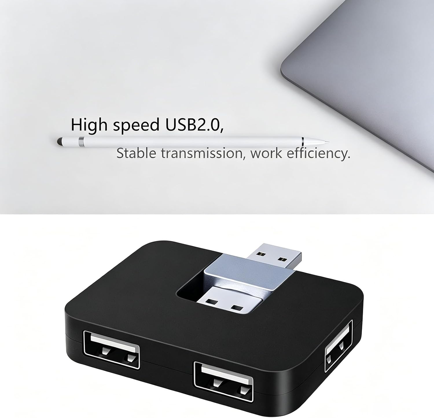 USB 2.0 Hub, 4-Port Mini U-Shape Data Transfer Hub for PC Laptop Desktop, Plug and Play, Black