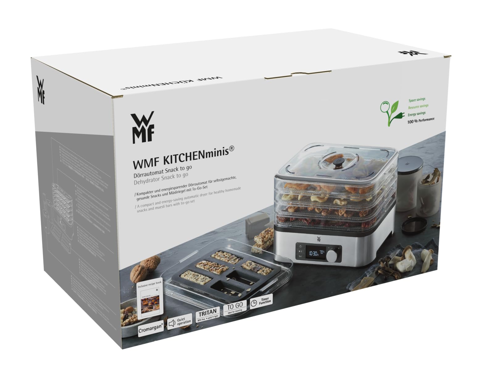 WMF Küchenminis Dörrautomat Edelstahl, Dörrgerät mit 5 Einlegefächern, 30-70°C, bis 24h-Timer, Obsttrockner, Dehydrator, 2 Aufbewahrungsboxen, Müsliriegelform, spülmaschinengeeignete Teile