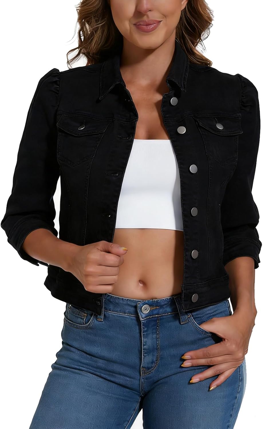 Anienaya Women's Jean Jacket Cropped Denim Jacket Stretchy 3/4 Puff Sleeve Distressed with Pockets