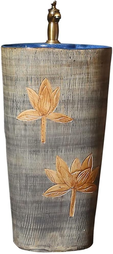 Freestanding Ceramic Vessel Sink with Faucet Elegant Carved Lotus Design for Bathroom Countertop, Stylish Pedestal Sink Vanity, Modern Home Decor