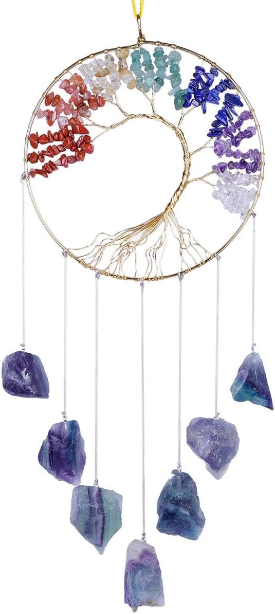 SUNYIK Tree of Life Raw Stone Wind Chimes Outdoor Indoor, Handmade 7 Chakra Stone Healing Crystal Wall Hanging Ornament Decoration for Home Office, 7 Chakra