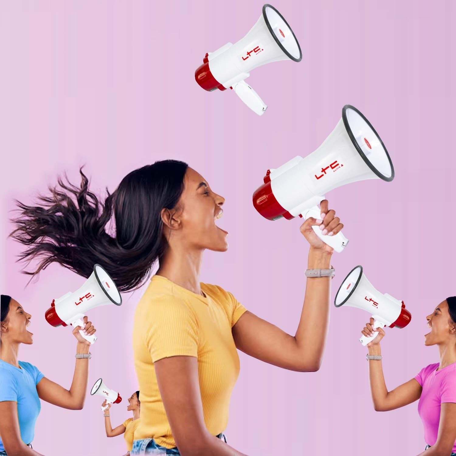 LTC - Pack 4 Mégaphones Rechargeables 20W MEGA20W Portée 250m - Haut parleurs Fête Supporter Manifestation Sport Soirée
