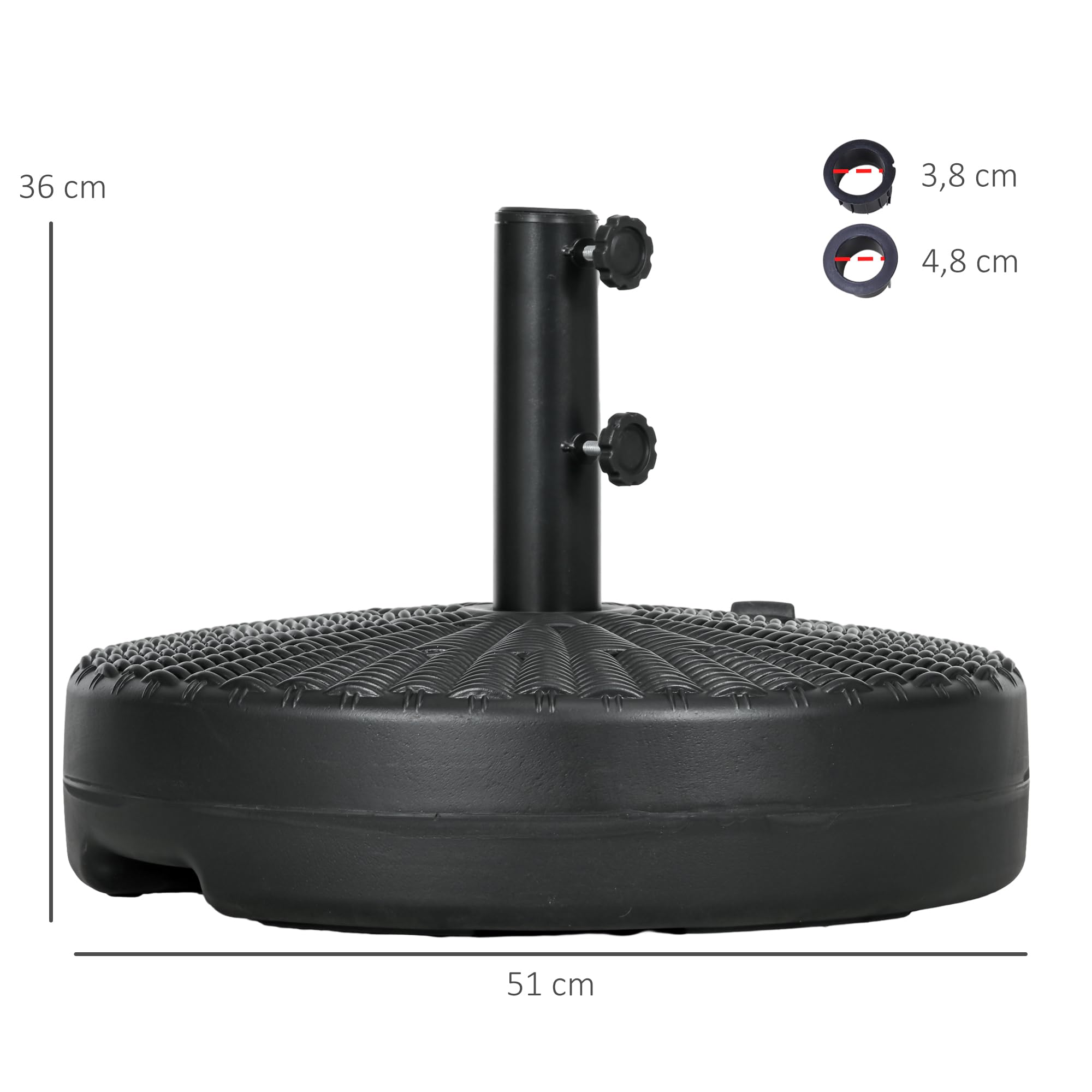 Outsunny Pied de Parasol Base de Parasol Support de Parasol à remplir d'eau et de Sable en HDPE pour mât Ø 38 et 48 mm - Ø51 x 36H cm Noir