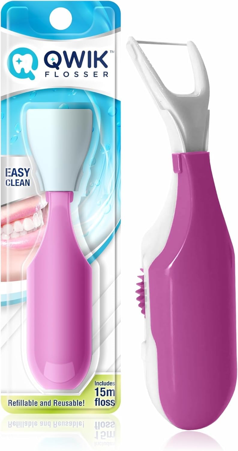 QWIK Dental Flosser Click-to-Use Reusable Refillable Pre-Loaded Floss with Travel Cover Easy Flossing for Plaque Removal Clean Teeth