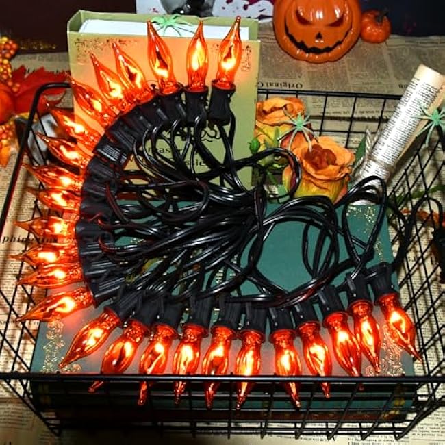 27.8Ft Fall Halloween Lights - Flickering Flame String Lights Orange Flickering String Lights with 25 Pack Orange Flame Light Bulbs for Fall Halloween Decorations Indoor Outdoor Home Party Mantel