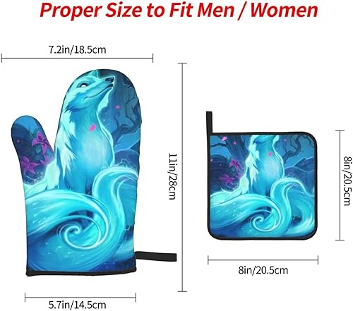 Miniatura 2 de Magic Blue Fox Oven Mitts and Pot Holder Sleeve - Heat Resistant Kitchen Non-Slip Print Grip Oven Mitts Microwave Barbecue Cooking Baking Barbecue