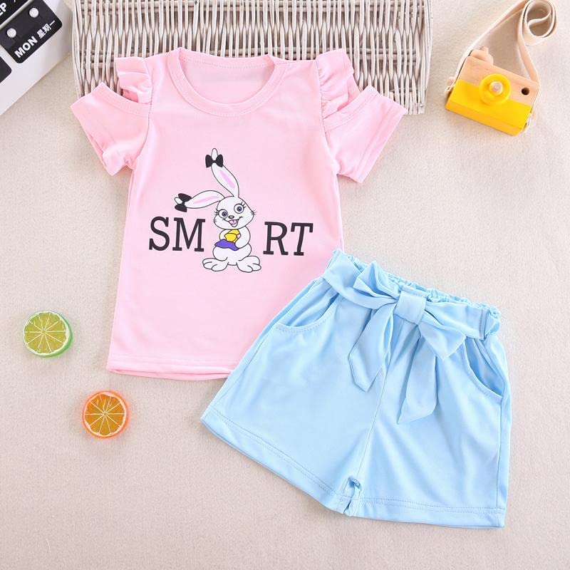 Image of Bold N Elegant Girls Cotton Summer Clothing Set | Cute Bunny Print Ruffle Sleeve Top with Tie-Waist Shorts | Soft & Breathable Kids Co-Ord Outfit Set for Baby Girls & Toddlers (6 Months-5 Years)