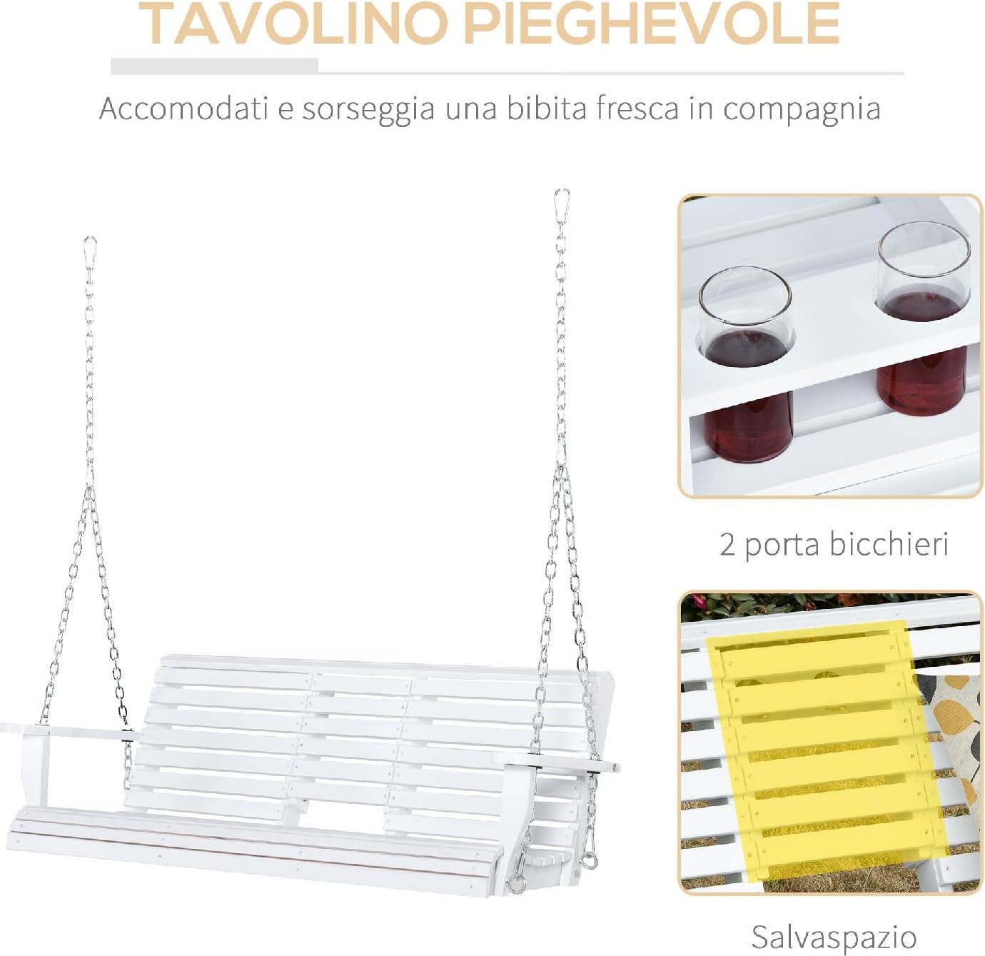 Dondolo da Giardino 3 Posti e Tavolino in Legno Dimensioni 150x75x53 cm Colore Bianco