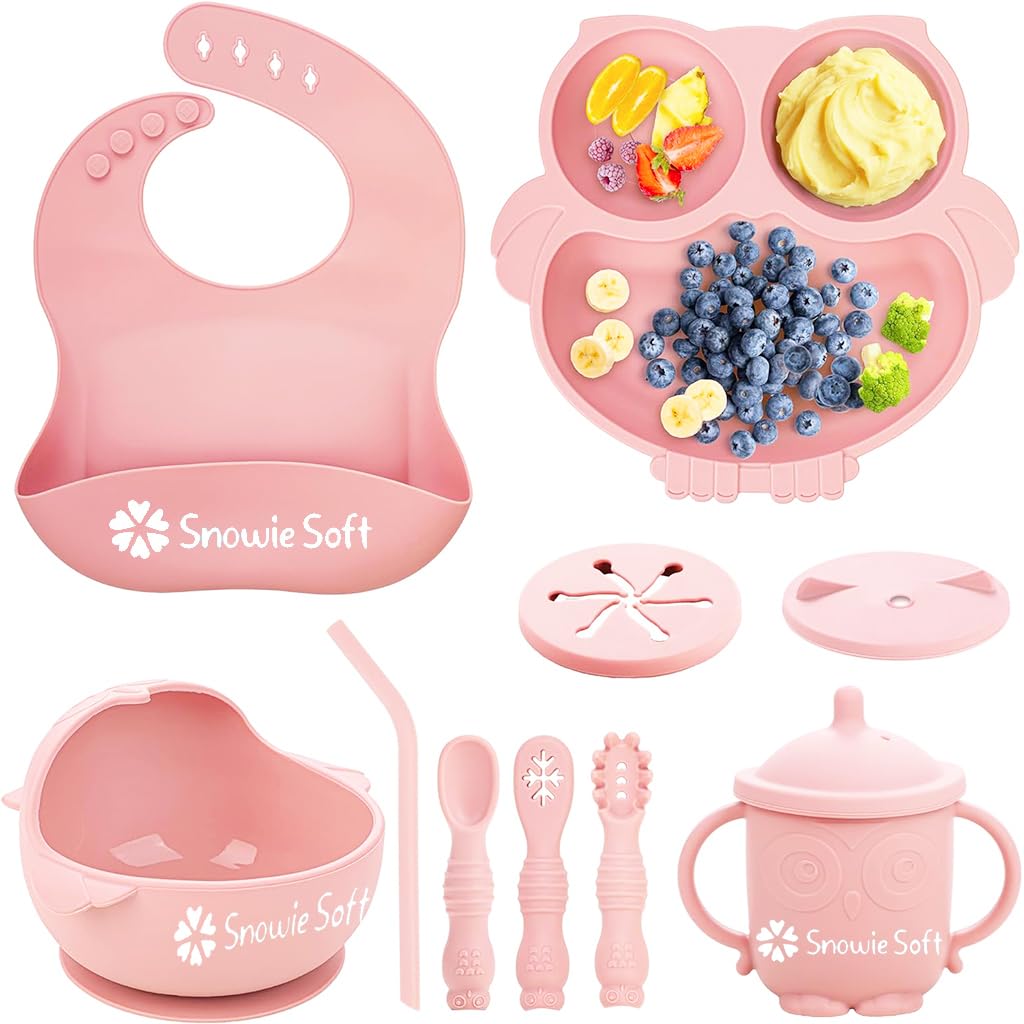SNOWIE Soft® Baby Feeding Set of 10Pcs Food Grade Toddlers Silicone Food Plate Sipping Cup Bowl Set with Silicone Bib, Baby Cutleries, Self-Feeding Tableware Set for Toddlers, Sterilizable, Pink