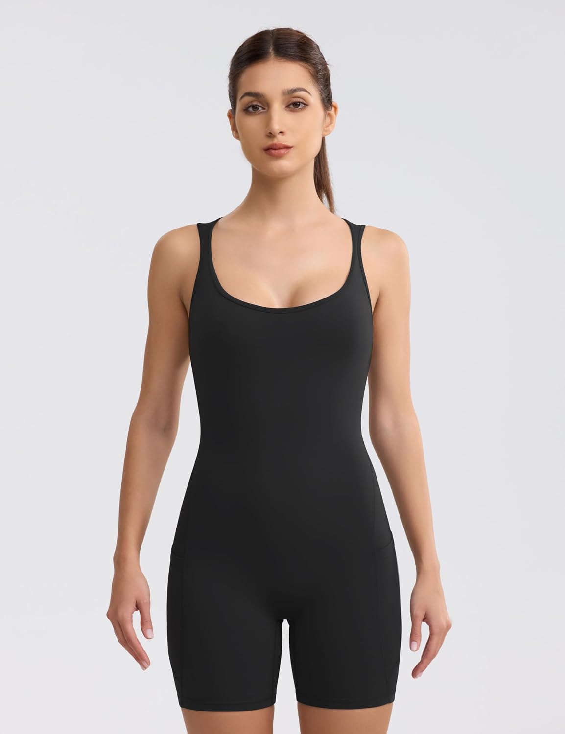 ENERBLOOM Women's Workout Jumpsuits Yoga Romper with Pockets Padded | 4-way stretch breathable anti-pilling fabric with removable padded bra with pockets; ideal for yoga, gym, daily workouts.