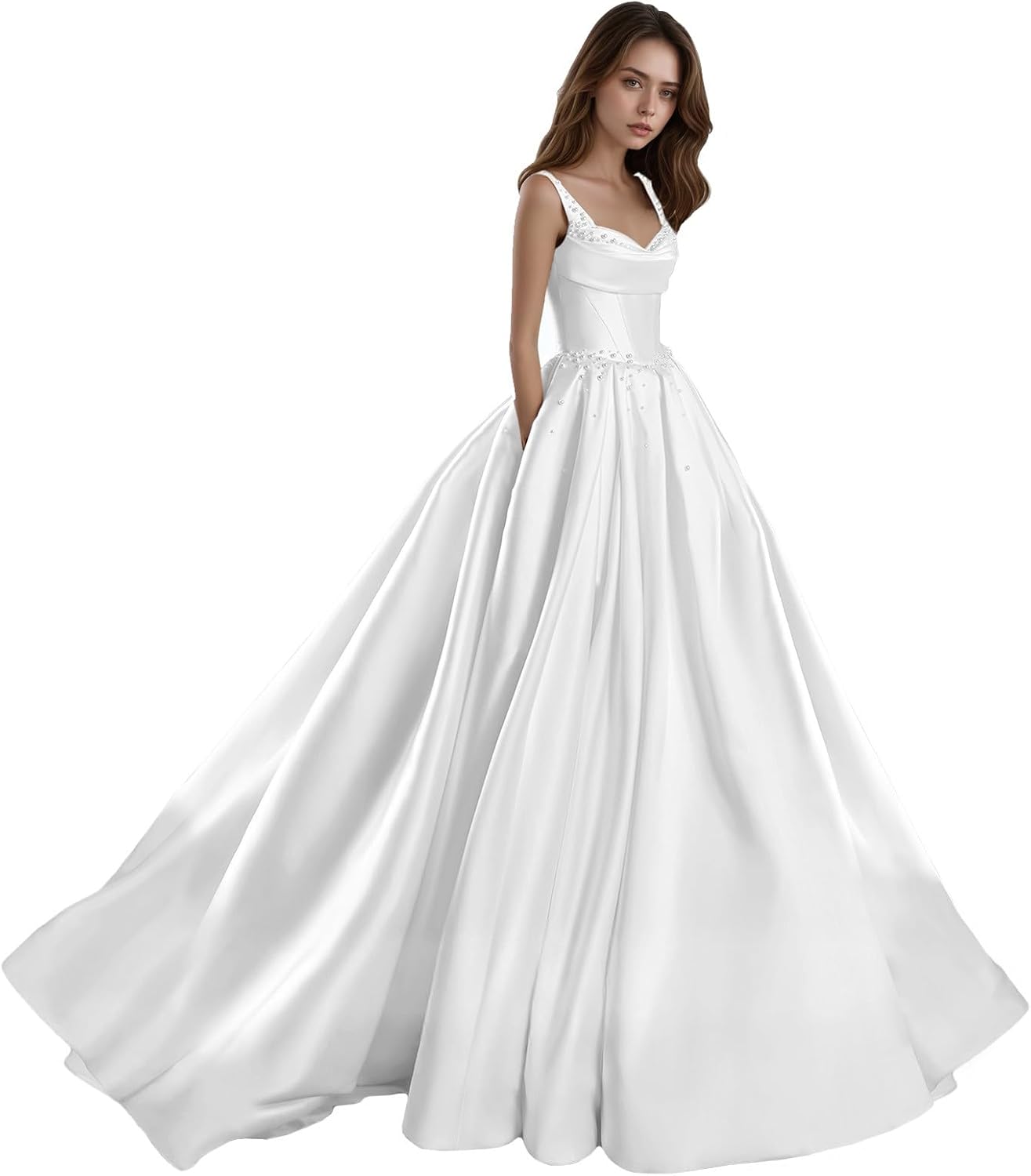 Satin Wedding Dresses for Bride 2025 Spaghetti Straps Corset Beaded Puffy Long Bridal Gowns for Beach Wedding