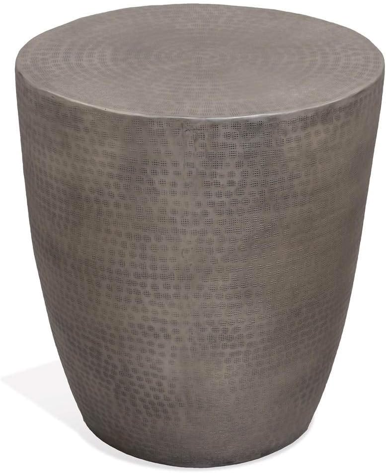 Riverside Furniture Nadene 19" Aluminum and Hardwood Drum Design Glam Style Metal Accent End Table in Antique Pewter