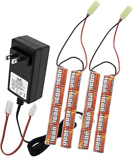 Lancer Tactical Nimh Battery Pack with Charger, Two 9.6v 1600 mAh Tamiya Connector Nunchuck with Compact Smart Charger for 8.4v - 9.6v NiMh Airsoft AEG Batteries-