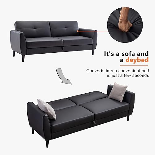 Miniatura 4 de Woanke Sofá cama convertible de piel sintética moderno futón plegable con caja de almacenamiento y marco de madera para espacio de vida compacto