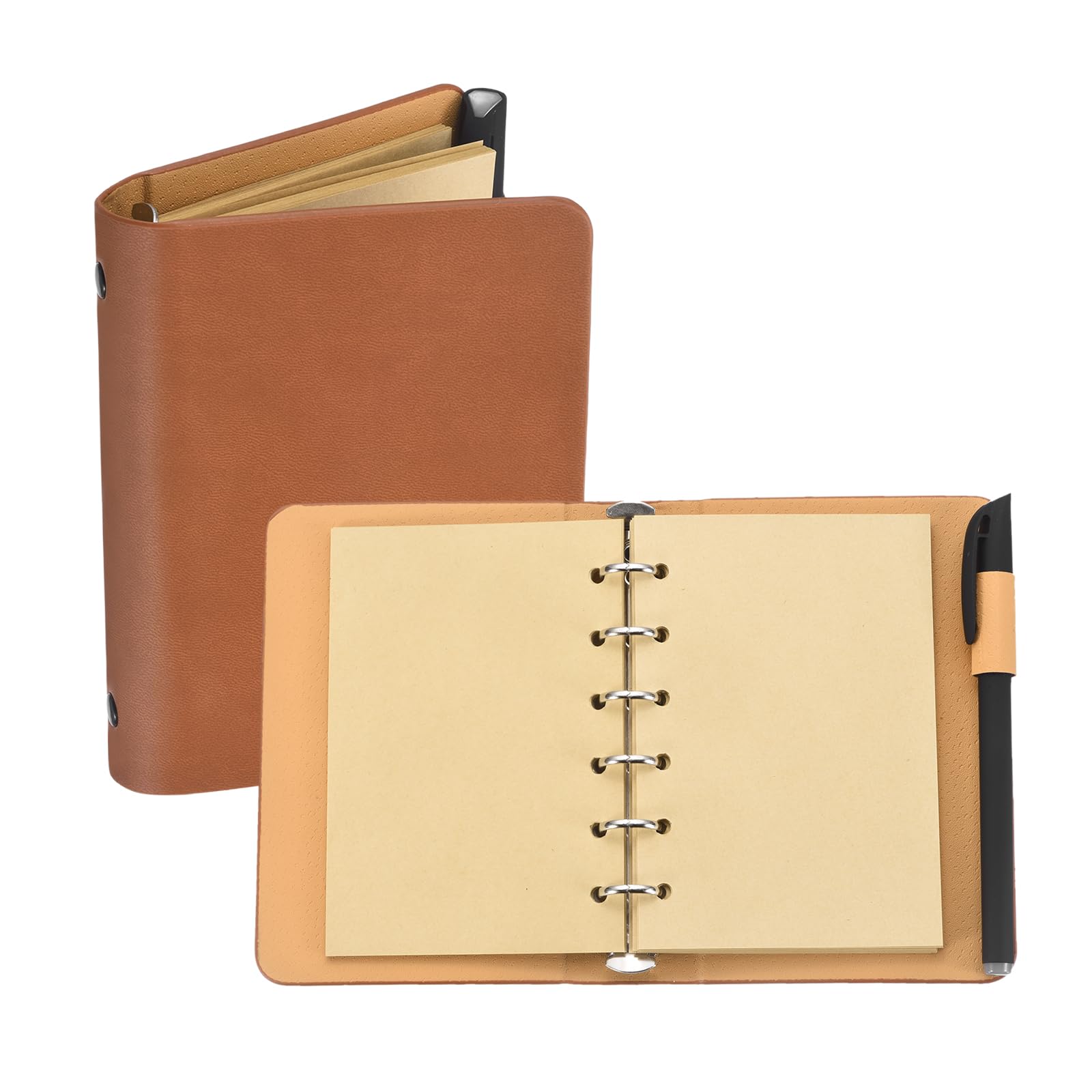 PATIKIL 6 Ring Binder Cover, A7 Leather Notebook Binder with 50 Sheets Refillable Kraft Paper and Gel Pen Loose Leaf Planner Compact Personal Organizer for Travel Office, Coffee