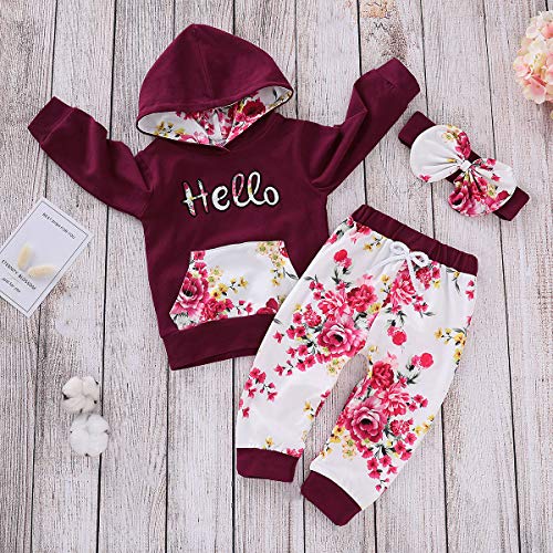 Puseky Toddler Baby Girls Floral Hello Hoodie Sweatshirt+Pant+Headband Tracksuit Outfits Set Wine Red #TOP2