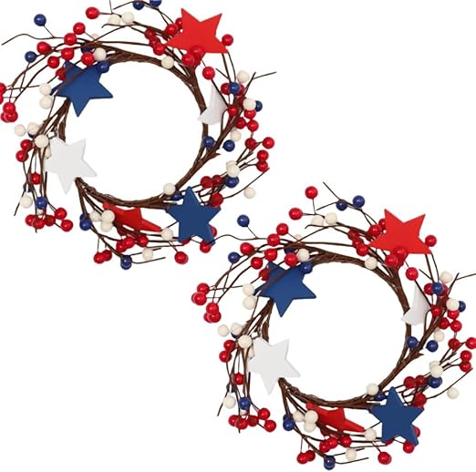2 Pcs Patriotic Candle Rings Wreaths Summer White & Red& Blue Mixed Berries & Pip Berry Candle Rings Artificial Candle Holder 10" for 4 of July Home Kitchen Table Centerpiece (Blue)